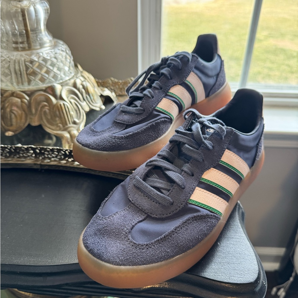 Adidas Navy Sneakers with Green and White Stripes